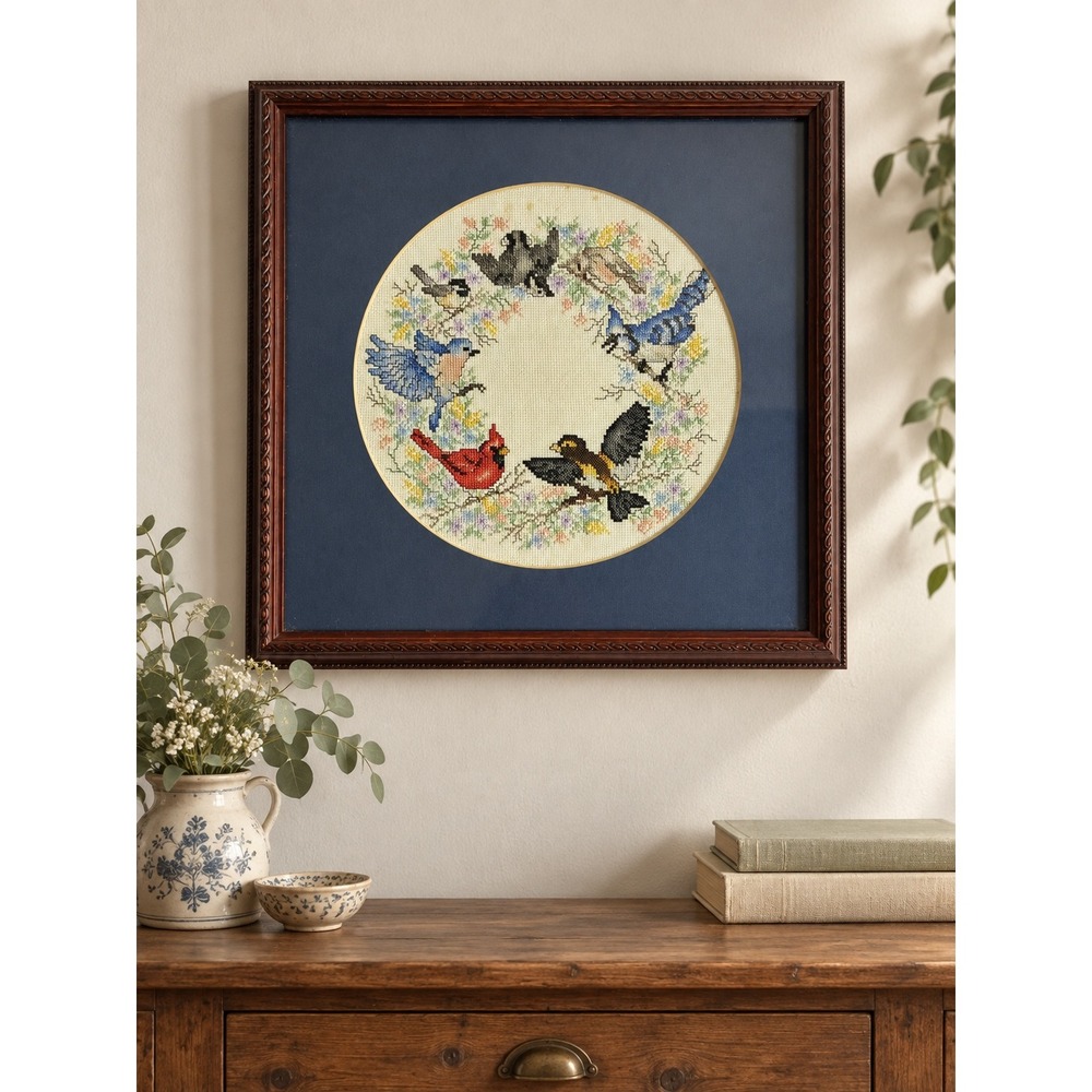 Vintage Forest Birds Wreath Cross Stitch Framed Cottagecore Grandmacore Wall Art